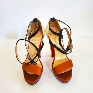 Christian Louboutin Three Color Way Peep Toe Heels, Tan, Black, Beige, Size 5